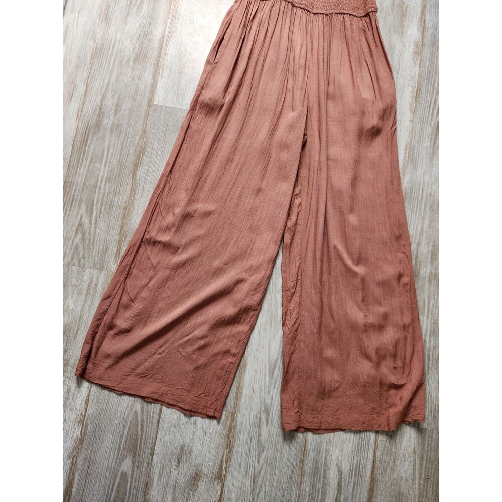 Japna Wide Leg Jumpsuit Womens M Rust Smocked Bodice Puff Sleeve Boho Romper EUC - Picture 3 of 12